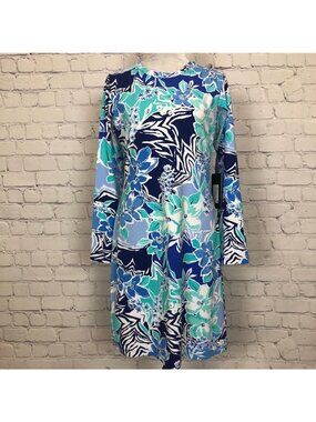 NWT IBKUL Long Sleeve Crew Neck Dress Size M Blue Floral UPF 50
